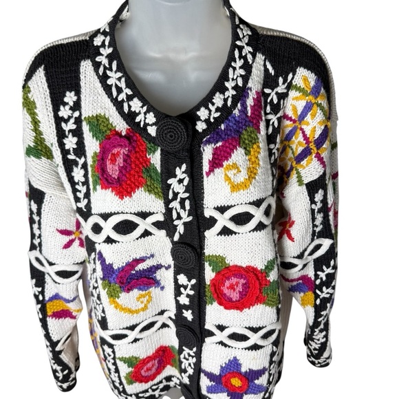 VTG 90s Crochet Knit Cardigan Floral Patchwork Boho Dopamine Dressing M - Picture 2 of 11